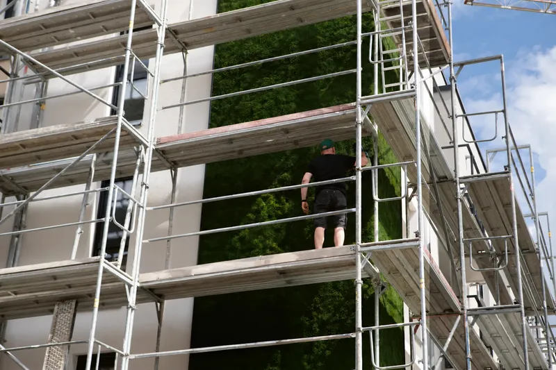 Montage der Moosflächen vom Gerüst aus